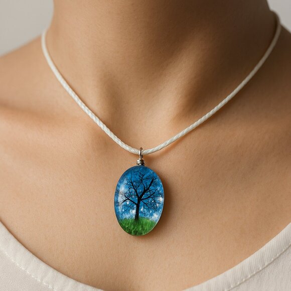 Oval Resin Blue and Green Tree Pendant Necklace - 18" White Cord Fashion Jewelry - Picture 1 of 7
